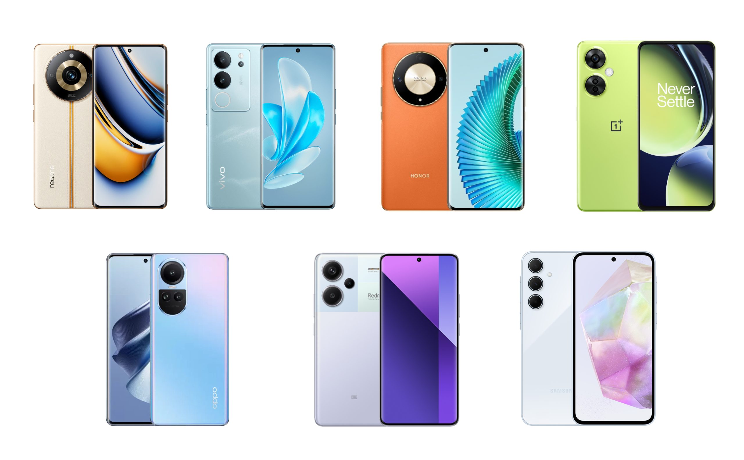 Collage of seven modern smartphones with colorful designs and large camera modules on a gray background.